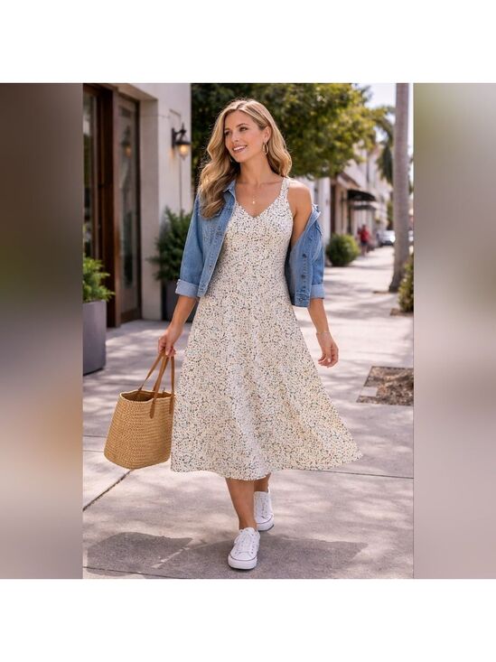 Prana Dresses & Skirts - prAna Sleeveless Midi Dress L Cream Multicolor Speckled Print Sustainable